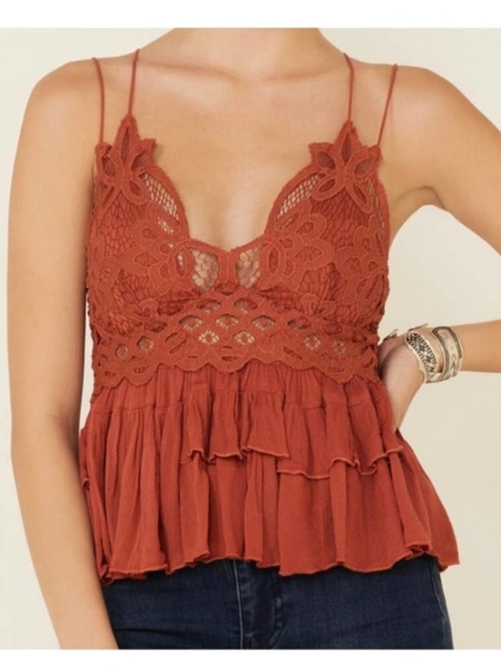 Free People Tops - Free People Adella Cami Rust Crochet Lace Ruffle Cami